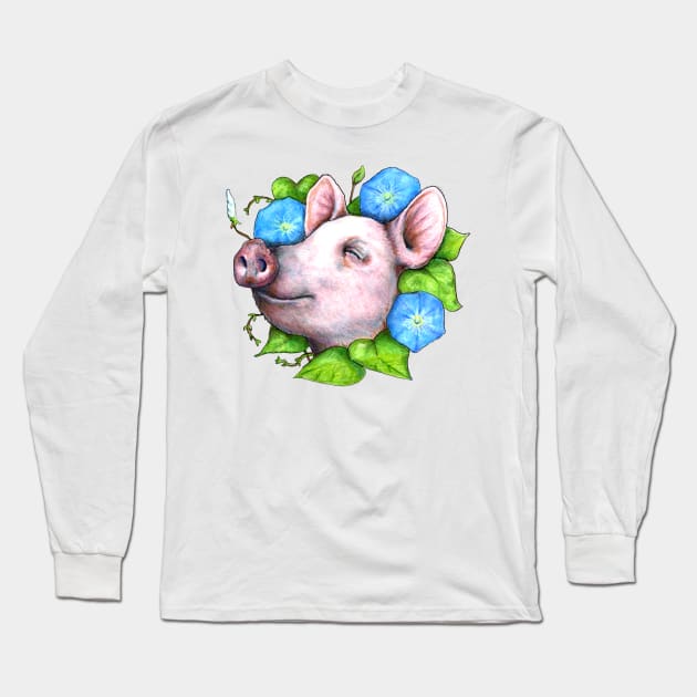 Pig in the Morning Glories Long Sleeve T-Shirt by Julie Townsend Studio